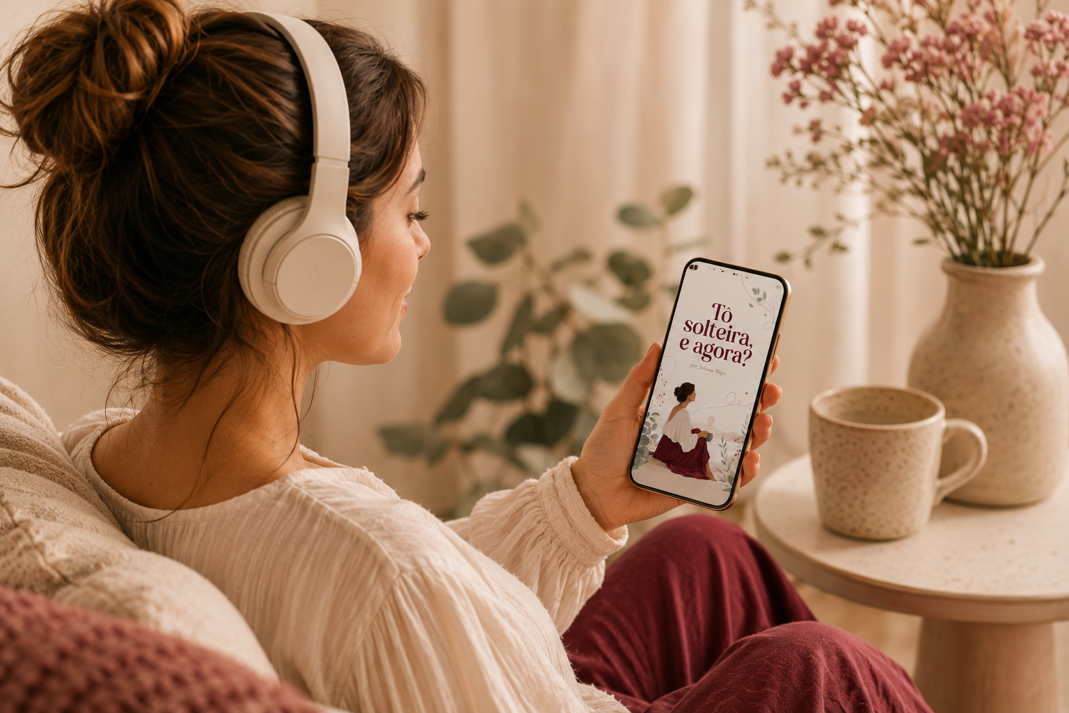 Mulher ouvindo os capítulos em áudio