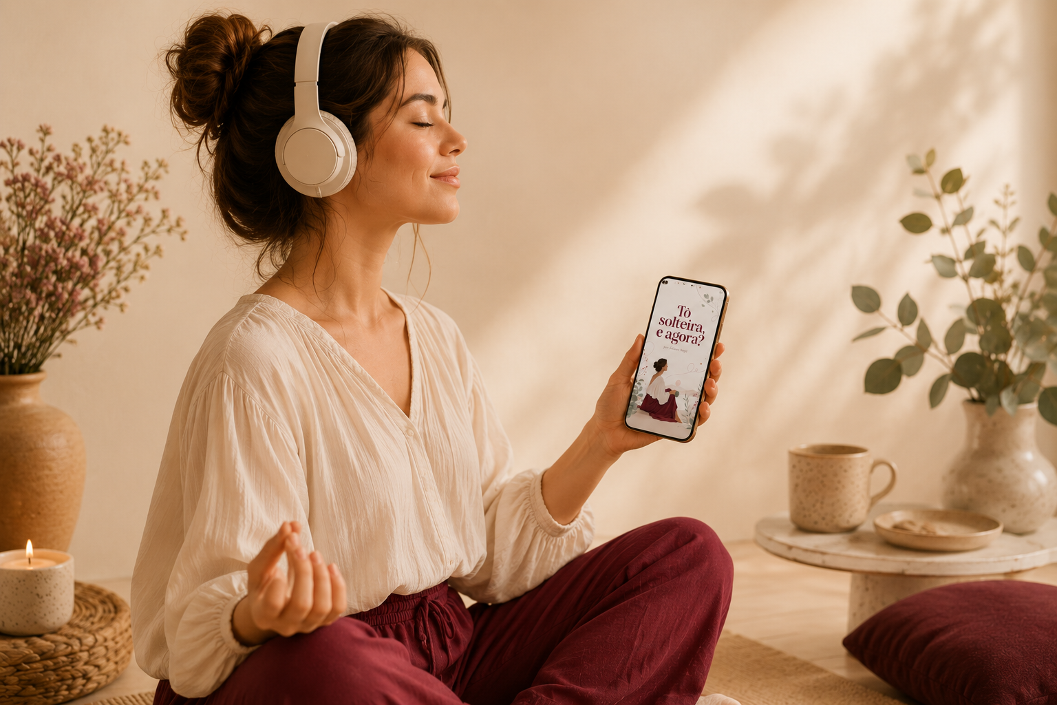 Mulher meditando com fone de ouvido
